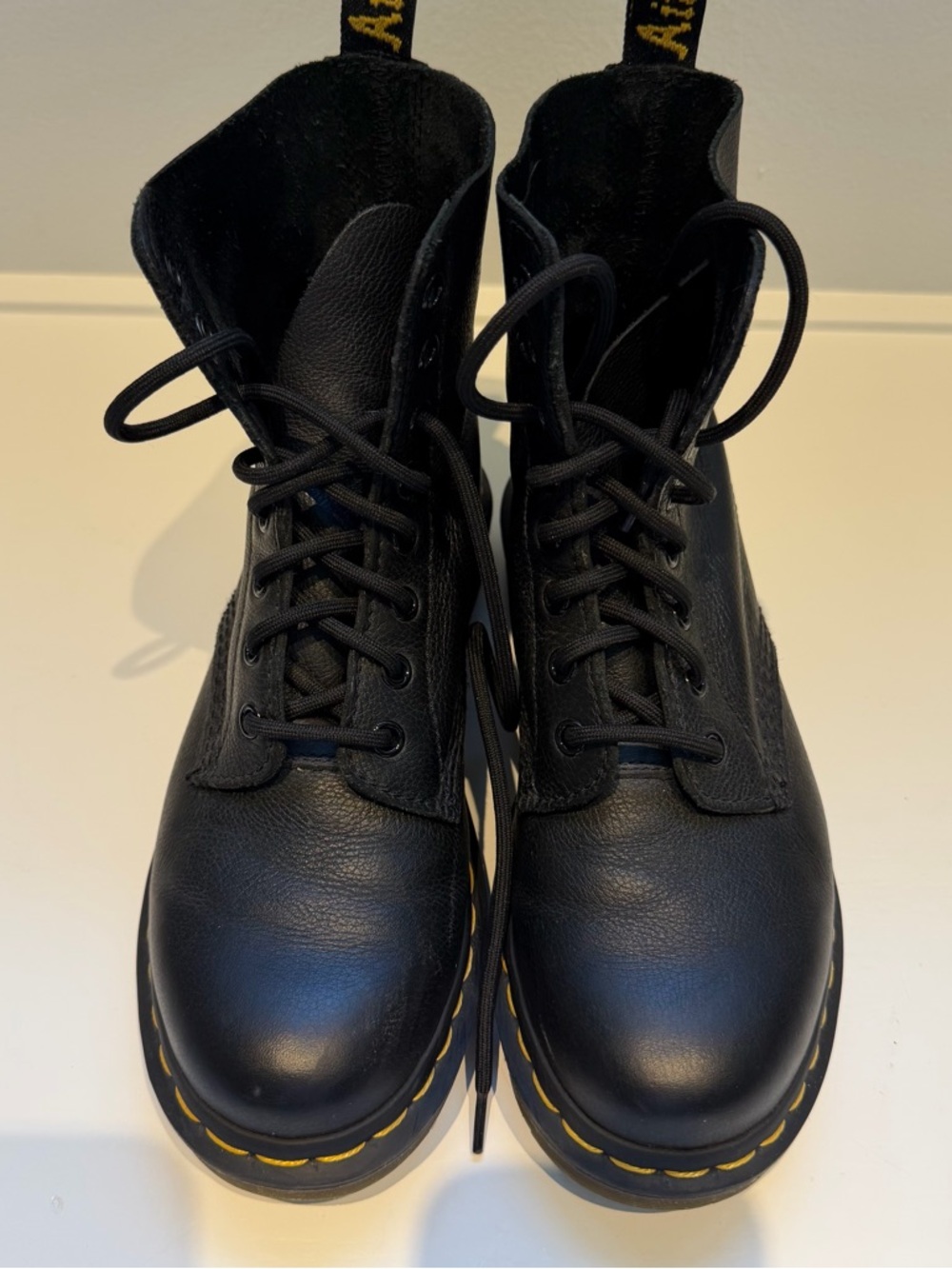 Dr. Martens Inspired Black Leather Combat Boot with Yellow Stitching - Picture 9 of 12